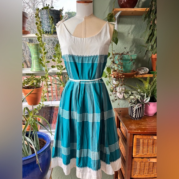 Vintage Teal Plaid Cotton Tie Shoulder Sundress - Picture 2 of 6